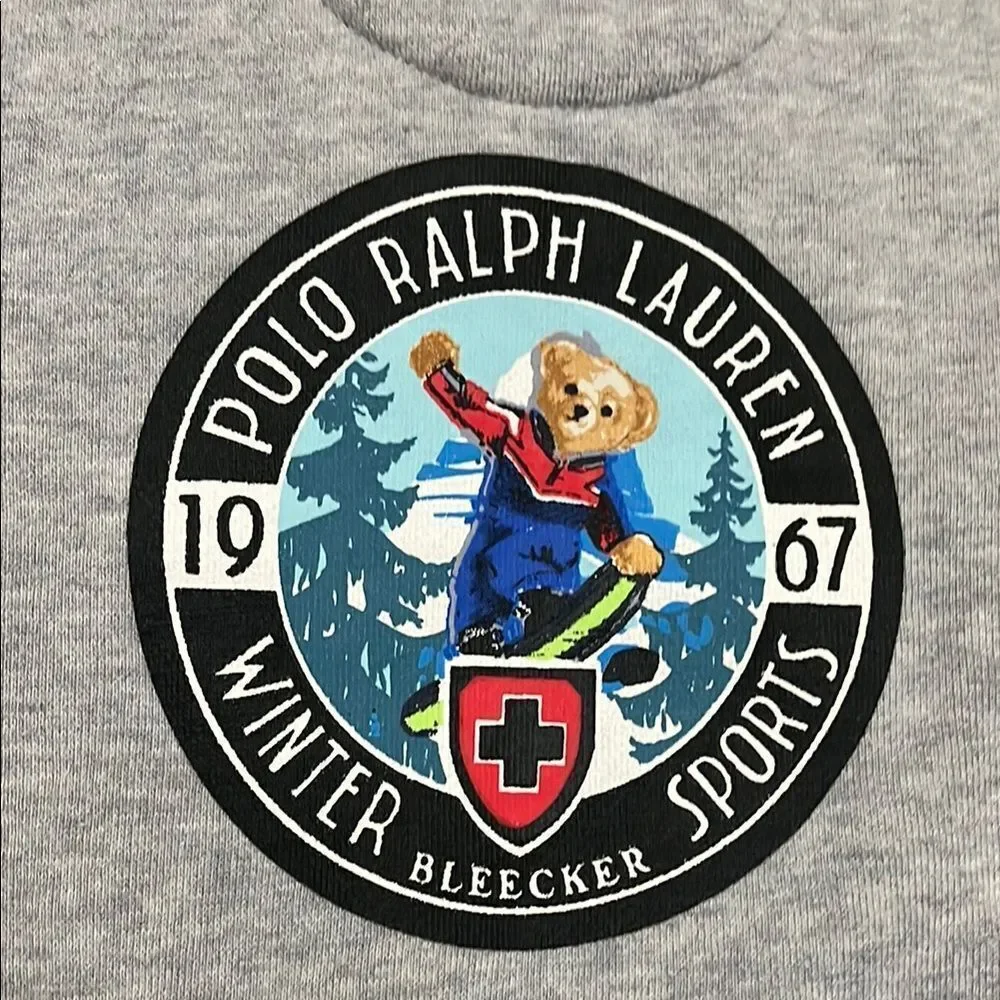 Ralph Lauren Gray Blue Bear Graphic Varsity Button Closure Jacket